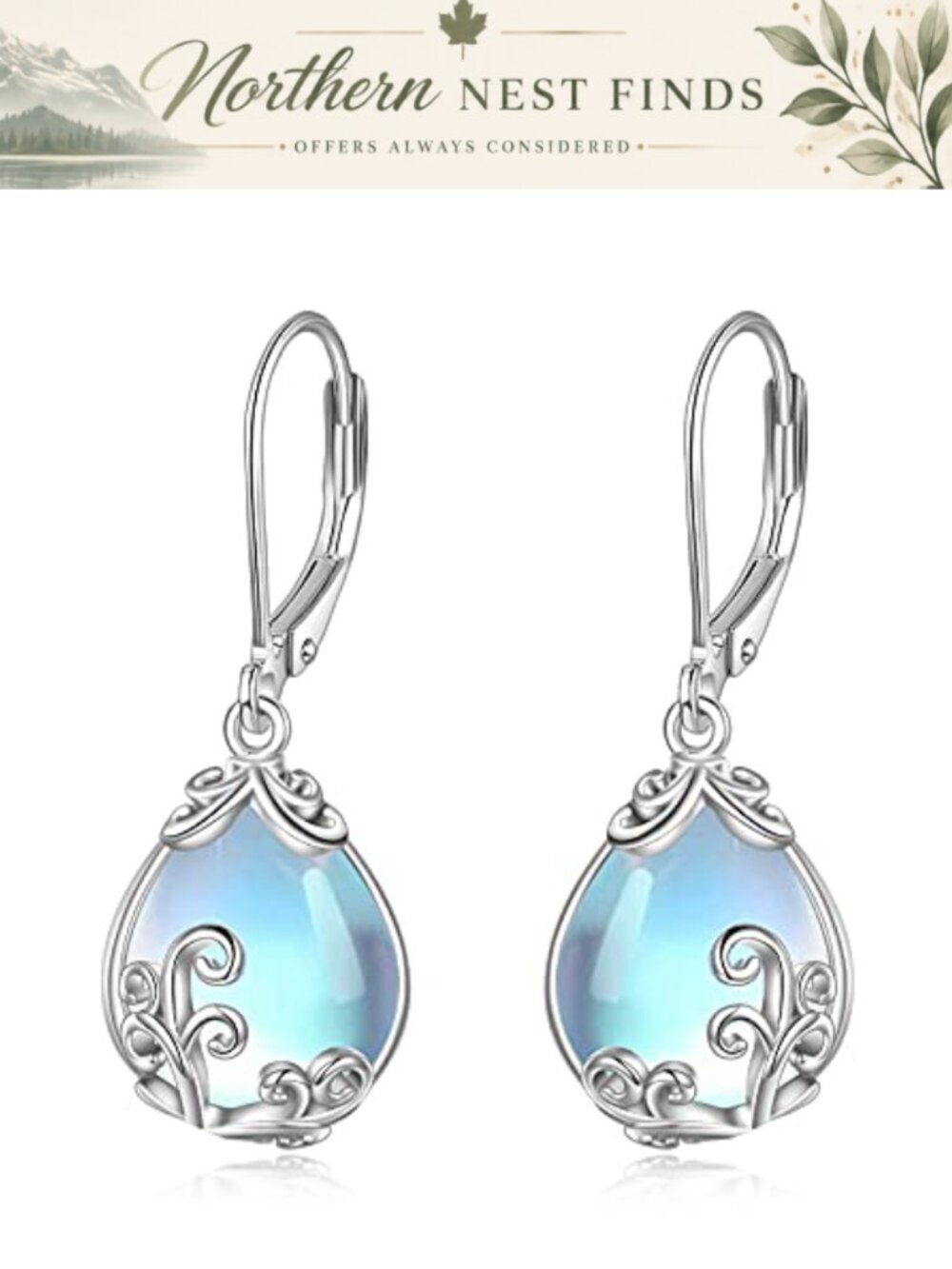 Celtic Moonstone Filigree Teardrop Dangle Earrings Sterling Silver Leverback